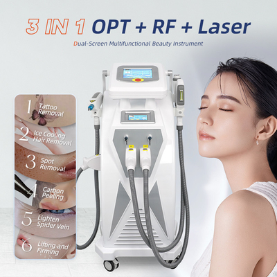 صفحه نمایش دوگانه 3 در 1 چند منظوره RF رفع صورت Nd Yag لیزر حذف خال کوبی OPT IPL دستگاه حذف مو